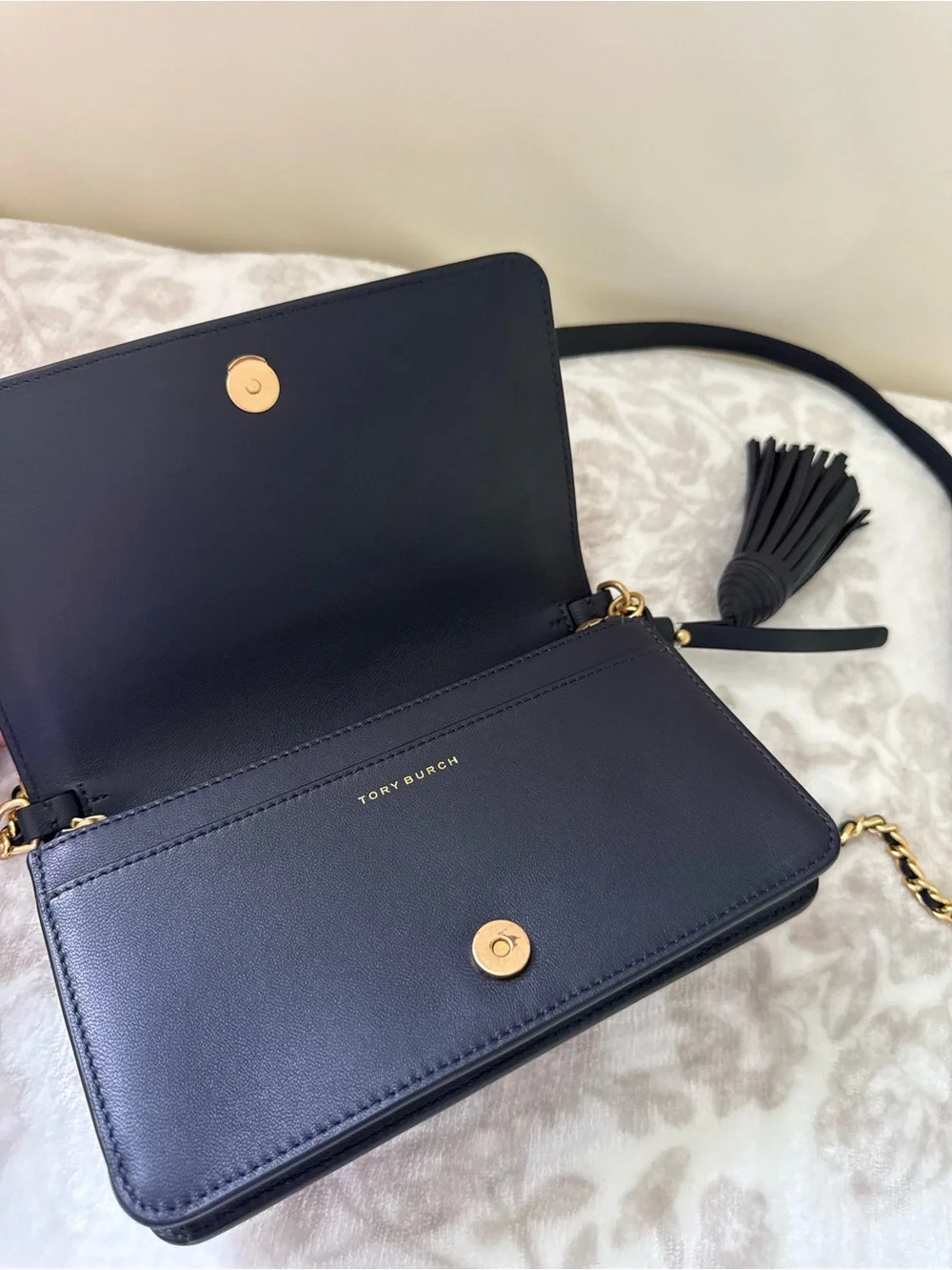 Tory Burch Fleming Soft Printed Floral Navy Leather Wallet Chain Crossbody Bag